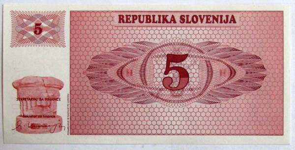 Банкнота 5 толаров 1990 года Словения Банкнота 5 толаров 1990 года Словения