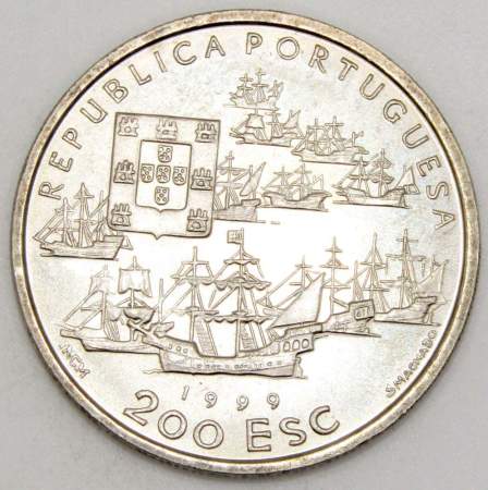 Монета 200 эскудо 1999 года, Португалия, 500 лет с момента высадки Педру Алвариша Кабрала в Бразилии