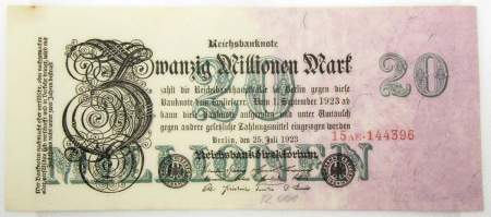 Банкнота 20 миллионов марок 1923 года - Веймарская Республика, Pick 97