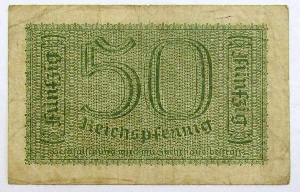Банкнота 50 рейхспфеннигов 1940-1945 гг - Немецкие оккупационные территории Банкнота 50 рейхспфеннигов 1940-1945 гг - Немецкие оккупационные территории
