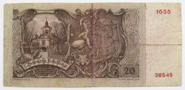 Банкнота 20 шиллингов 1950 года Австрия