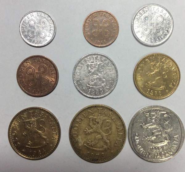Набор монет Финляндии 1963-1993 гг., 9 монет