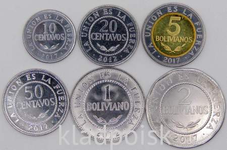 Набор регулярных монет Боливии 2012-2017 гг., 6 монет