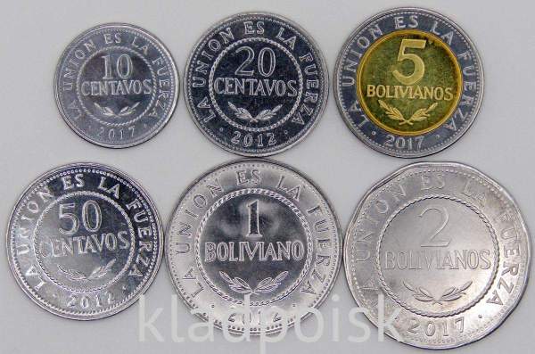 Набор регулярных монет Боливии 2012-2017 гг., 6 монет