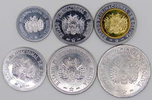 Набор регулярных монет Боливии 2012-2017 гг., 6 монет