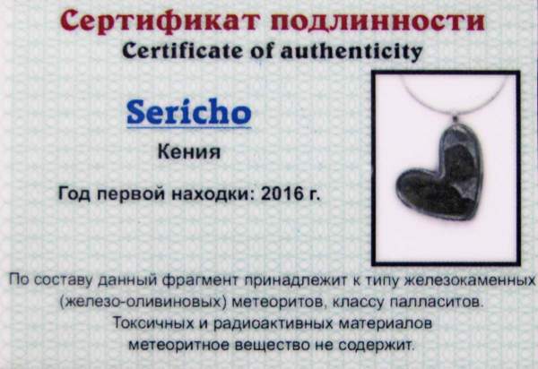 Кулон «Сердце» с метеоритом Sericho, арт 10