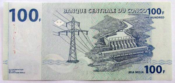 Банкнота Конго 100 франков 2007 года, арт 2