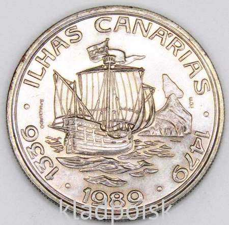 Монета 100 эскудо 1989 года, Открытие Канарских островов «Золотой век открытий», Португалия
