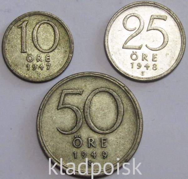 Набор монет Швеции 1942-1950 гг., 3 монеты, Густав V