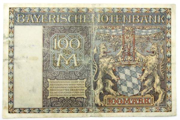 Банкнота 100 марок 1922 года - Веймарская Республика, Баварский банк Банкнота 100 марок 1922 года - Веймарская Республика, Баварский банк