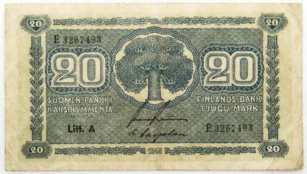 Банкнота 20 марок 1945 года Финляндия Банкнота 20 марок 1945 года Финляндия