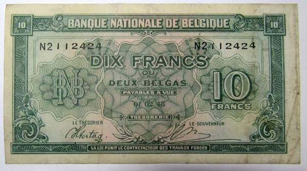 Банкнота 10 франков 1943 года Бельгия Банкнота 10 франков 1943 года Бельгия