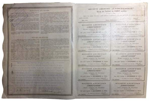 Акция в 100 рублей на предъявителя, акционерное общество "Каучук", выпуск 3, Рига, 1913 год. Акция в 100 рублей на предъявителя, акционерное общество "Каучук", выпуск 3, Рига, 1913 год.