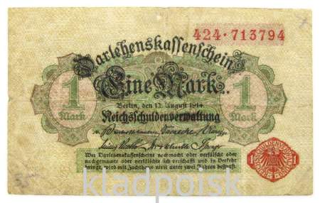 Банкнота 1 марка Германской империи 1914 года красная надпись