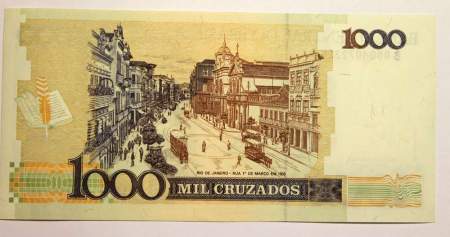 Банкнота Бразилия 1 новый крузадо на 1000 крузадо 1989 года
