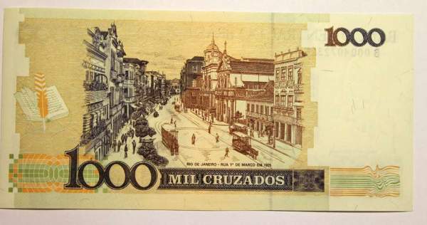 Банкнота Бразилия 1 новый крузадо на 1000 крузадо 1989 года