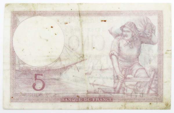 Банкнота 5 франков 1939 года Франция