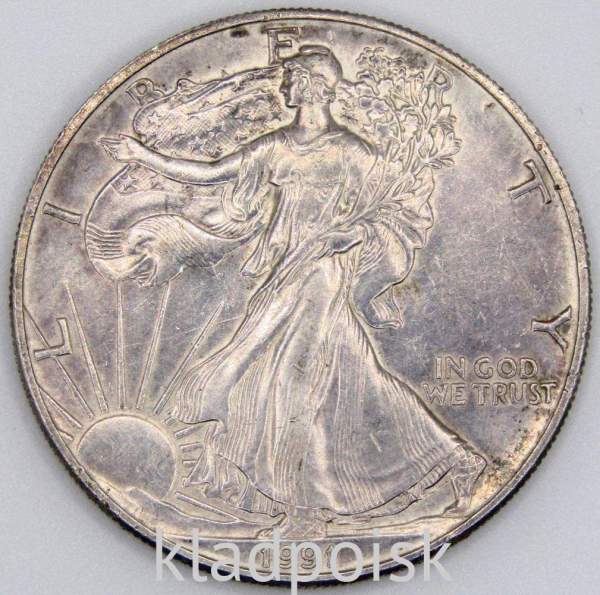 Монета 1 доллар США «Шагающая свобода» Серебро 999 пробы, 1991