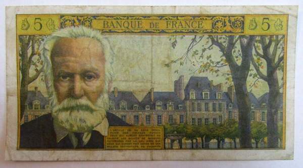 Банкнота 5 франков 1965 года Франция (Виктор Гюго)