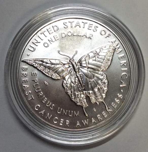 Монета 1 доллар США Борьба с раком молочной железы 2018 с сертификатом, серебро 900, в футляре и картонной коробке, UNC