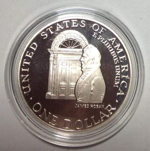 Монета 1 доллар США 1992 года, 200 лет Белому Дому, Серебро 900 пробы, пруф