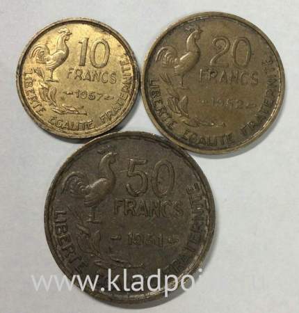 Набор из 3 регулярных монет Франции 1950-1959 года