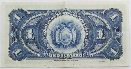 Банкнота 1 боливано 1928 года Боливия