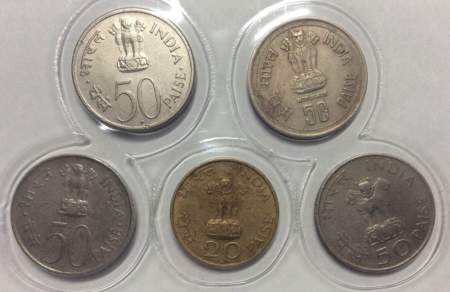 Набор монет Индия 20 и 50 пайсов, Ганди и Неру 1964-1985, 5 монет