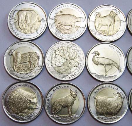 Набор монет 1 лира Турция – 18 монет серии «Животный мир» 2009-2015 гг.