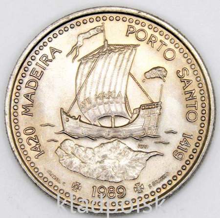 Монета 100 эскудо 1989 года, Открытие острова Мадейра «Золотой век открытий», Португалия