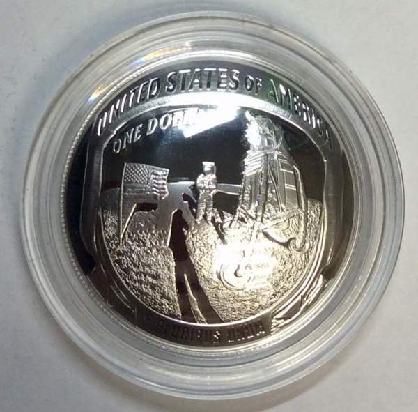 Монета 1 доллар США Аполлон 11, 2019, с сертификатом, серебро 999, в футляре и картонной коробке, Proof
