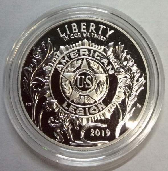 Монета 1 доллар США Американский легион. 100 лет со дня основания, 2019, с сертификатом, серебро 999, в футляре и картонной коробке, Proof