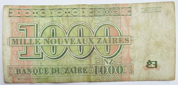 Банкнота 1000 новых заиров 1995 года Заир Банкнота 1000 новых заиров 1995 года Заир