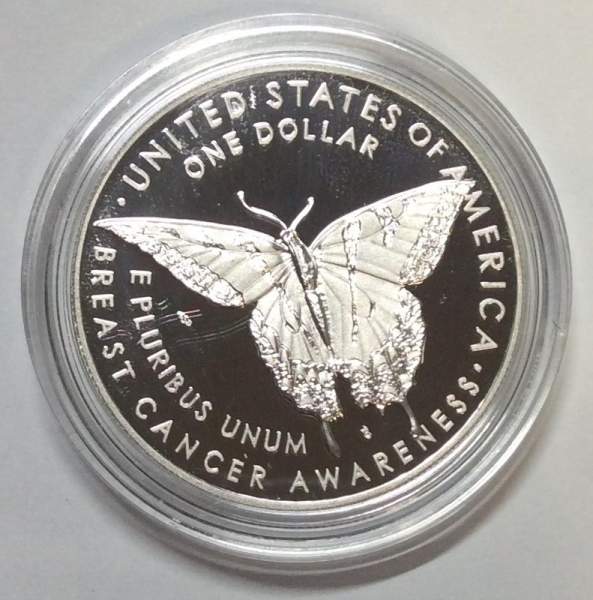 Монета 1 доллар США Борьба с раком молочной железы 2018 с сертификатом, серебро 900, в футляре и картонной коробке, Proof