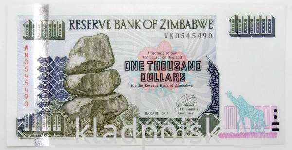 Банкнота Зимбабве 1000 долларов 2003 года