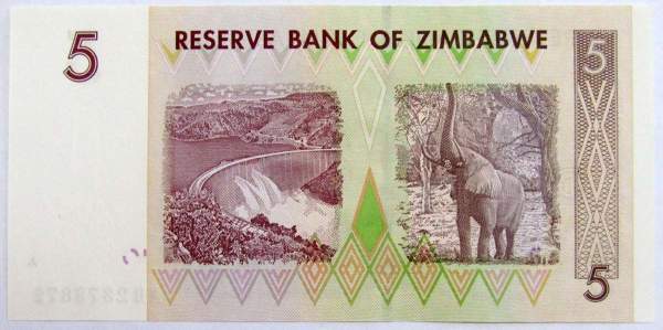 Банкнота Зимбабве 5 долларов 2007 года Банкнота Зимбабве 5 долларов 2007 года